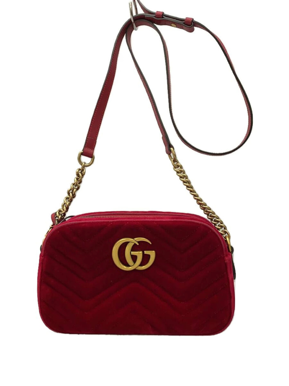 Gucci Chain Shoulder Bag GG Marmont Velvet Quilted Velour RED Solid